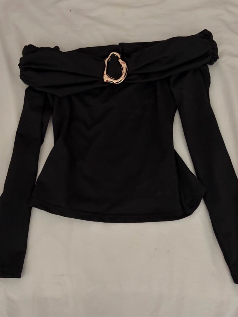 Off-Shoulder Black Long-Sleeve Top with Gold Accent